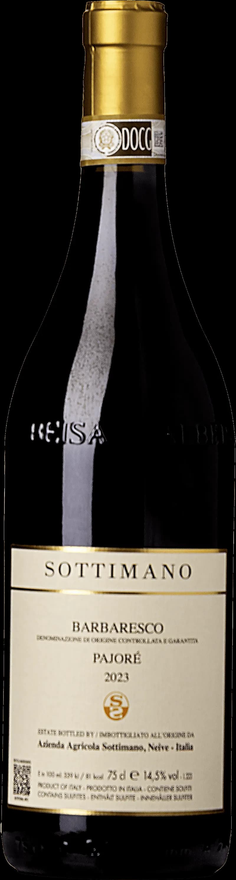 Flaska Barbaresco Pajor rött vin mot neutral bakgrund.