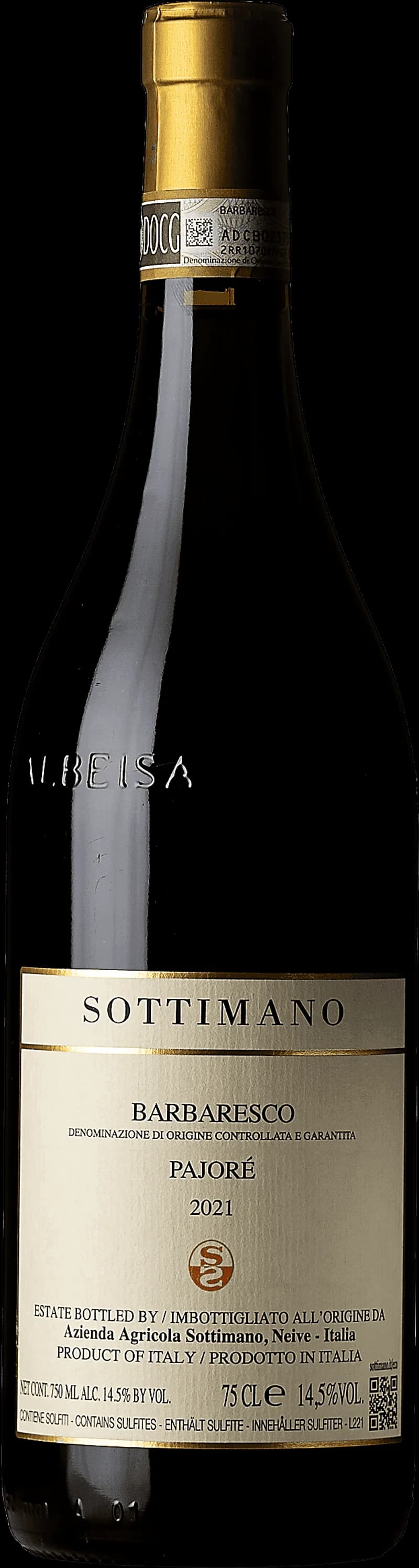 Flaska Barbaresco Pajor rött vin mot neutral bakgrund.