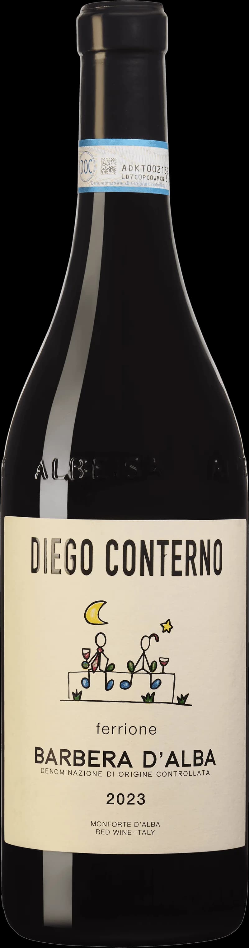Flaska av rött vin Barbera d'Alba Ferrione på vit bakgrund