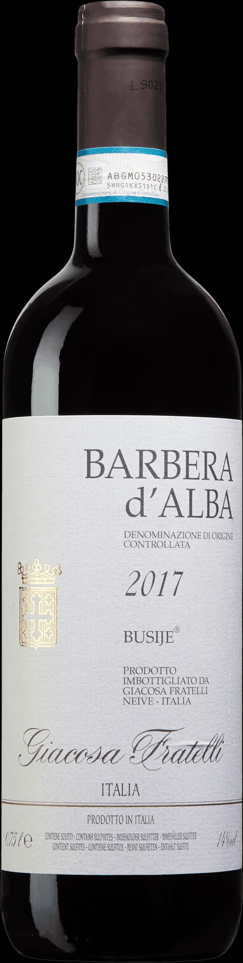 Flaska med rött vin från Barbera d'Alba, serverat i vinglas.