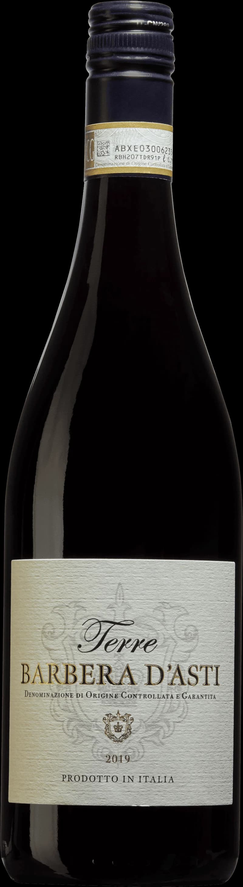 Flaska med rött vin Barbera d'Asti på ett bord