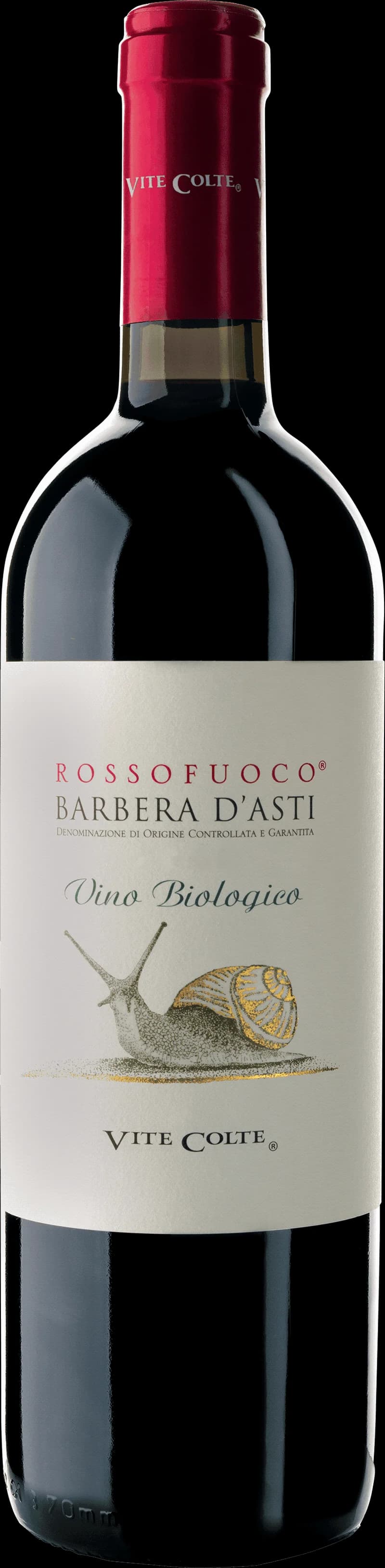 Flaska med rött vin Barbera d'Asti mot en mörk bakgrund.
