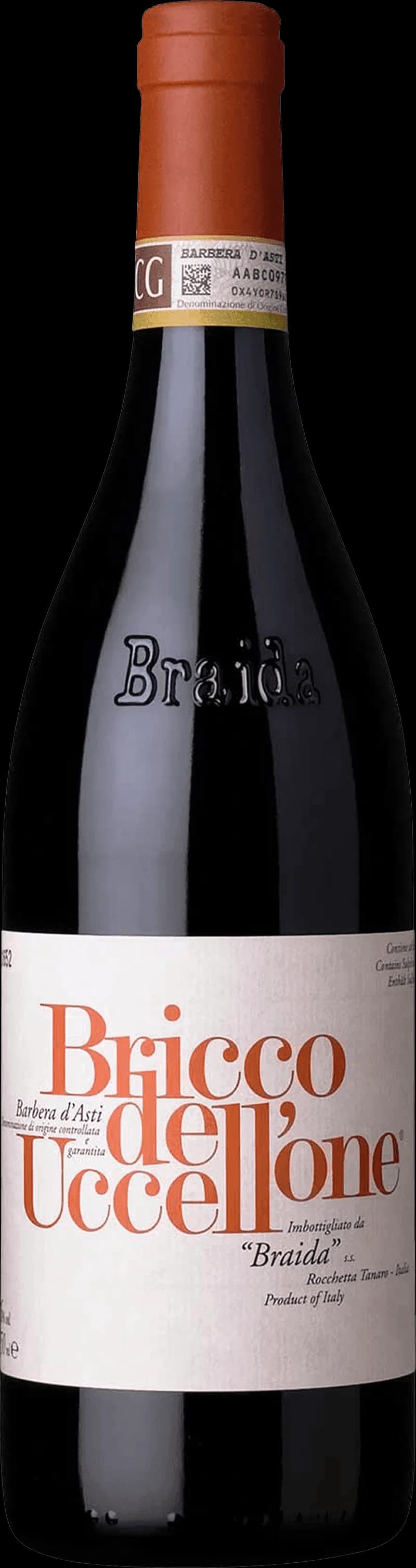 Flaska med Barbera d'Asti rött vin mot neutral bakgrund.