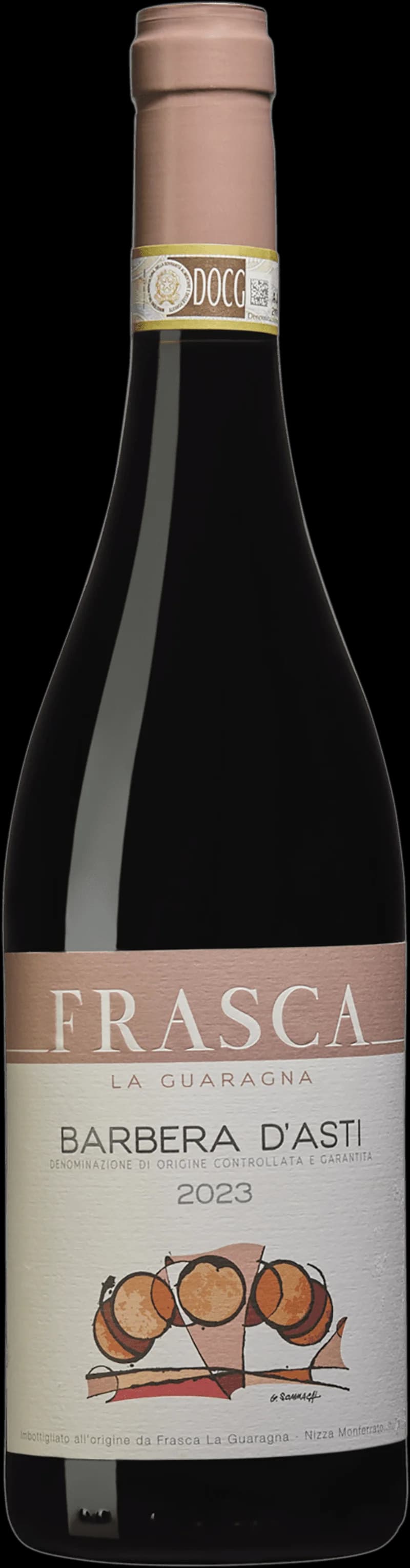 Flaska med rött vin från Barbera d'Asti, omgiven av vindruvor.