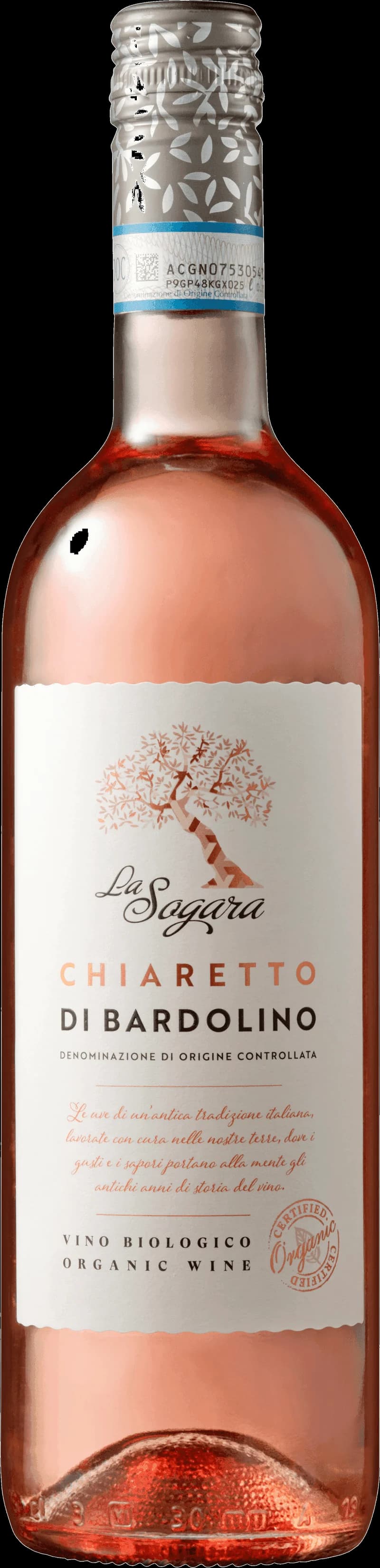 Flaska Bardolino Chiaretto La Sogara rosévin mot ljus bakgrund.
