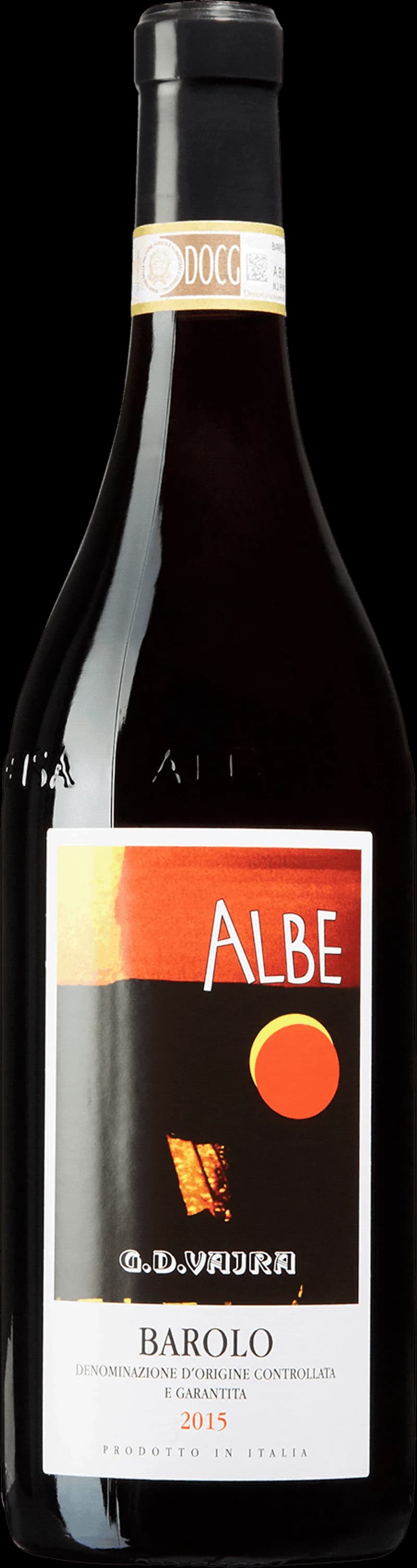 Flaska av rött vin från Barolo Albe på en bordsservering.