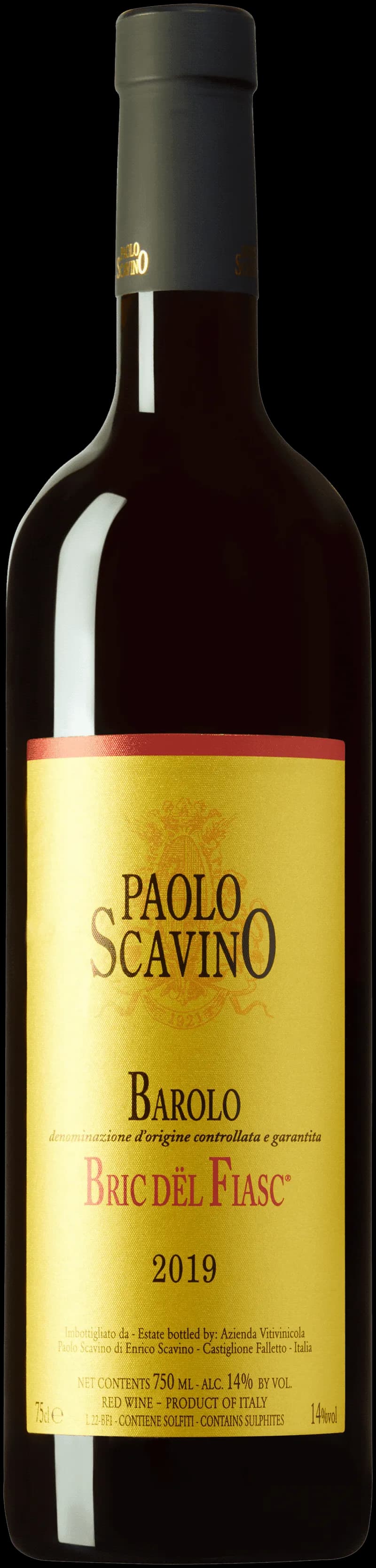 Flaska med rött vin från Barolo, märket Bric d'l Fiasc, mot en mörk bakgrund.