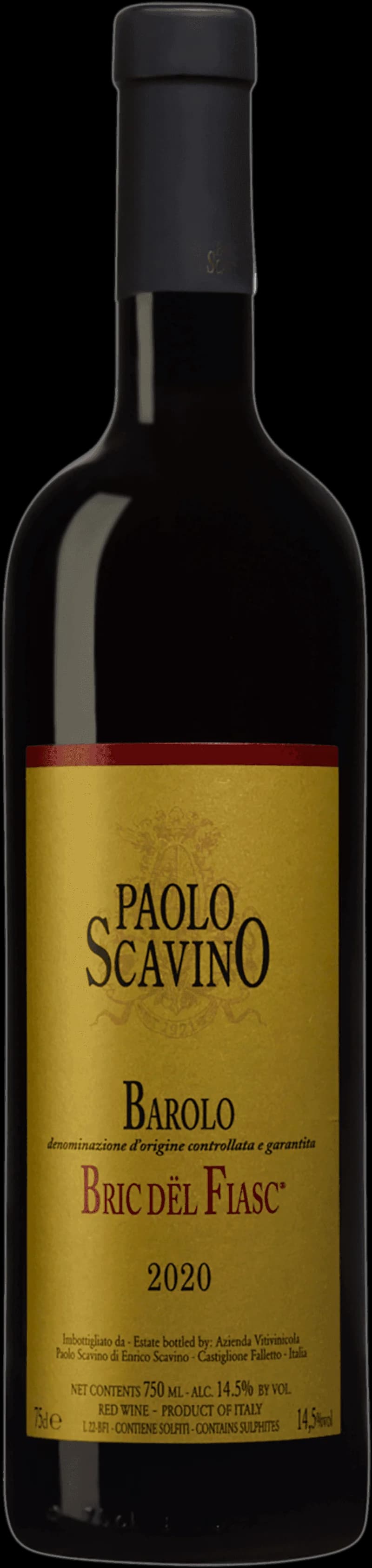 Flaska av rött vin Barolo Bric d'l Fiasc från Piemonte, Italien.