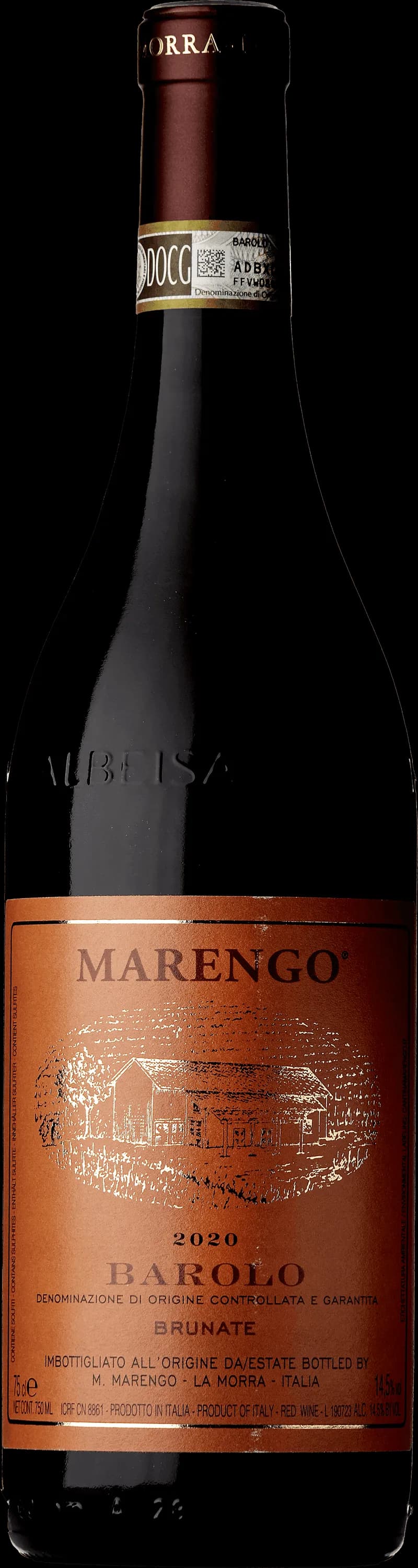 Flaska Barolo Brunate rött vin mot neutral bakgrund