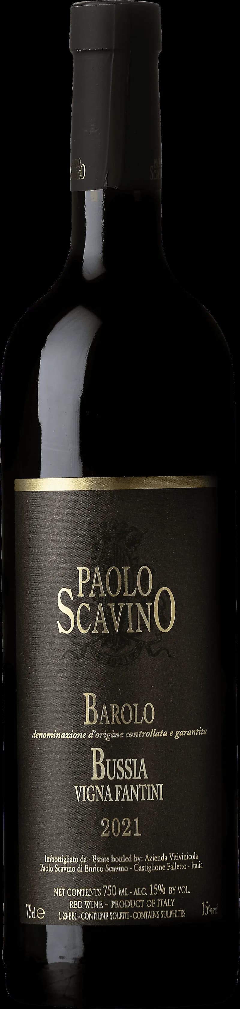 Flaska av rött vin Barolo Bussia Vigna Fantini från Piemonte, Italien.