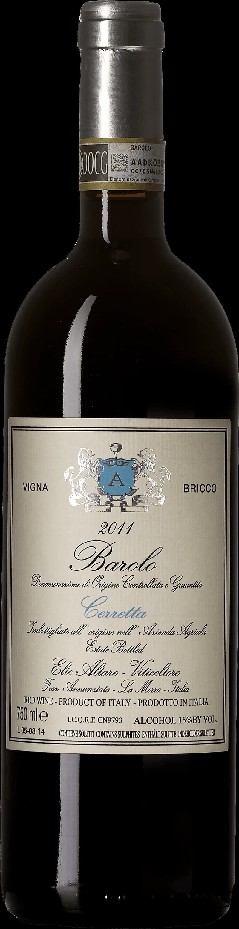 Flaska med rött vin från Barolo Cerretta
