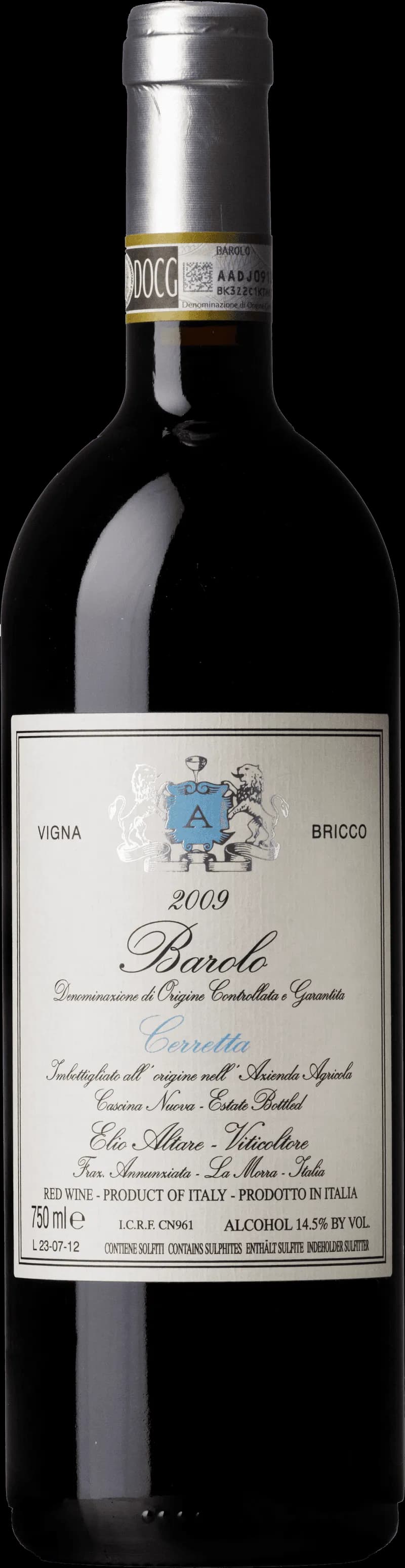 Flaska Barolo Cerretta rött vin från Piemonte, Italien.