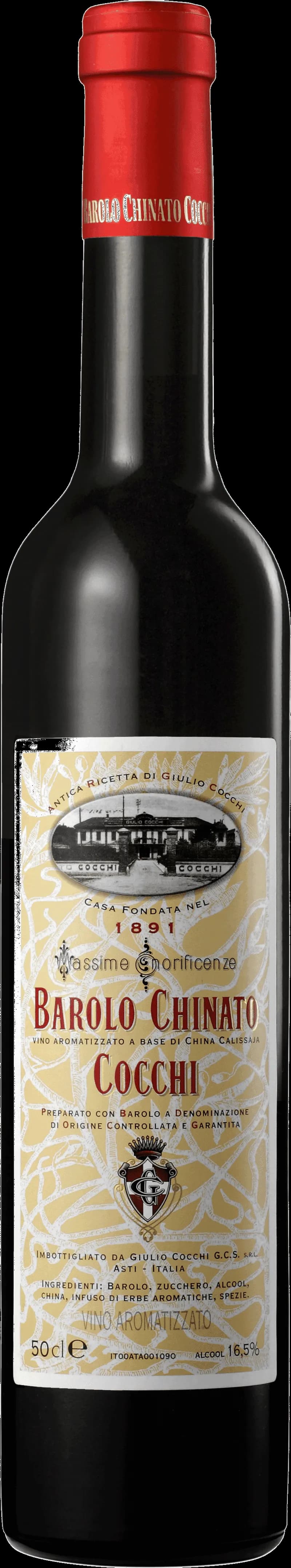 Flaska Barolo Chinato Cocchi, ett smaksatt vin från Italien, med etikett och mörk bakgrund.
