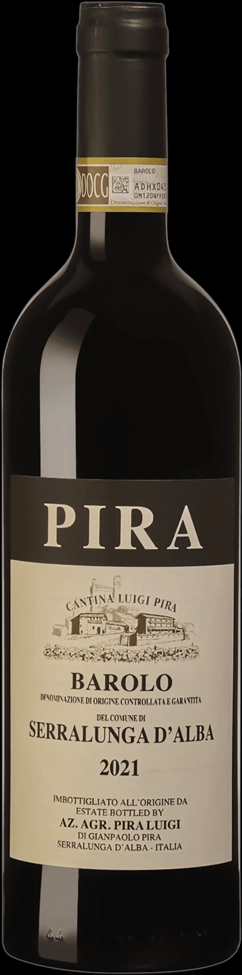 Flaska med rött vin från Barolo di Serralunga, avbildad mot neutral bakgrund.