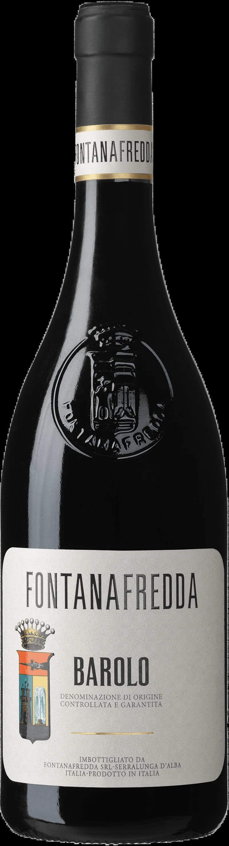 Flaska Barolo Fontanafredda rött vin på vit bakgrund