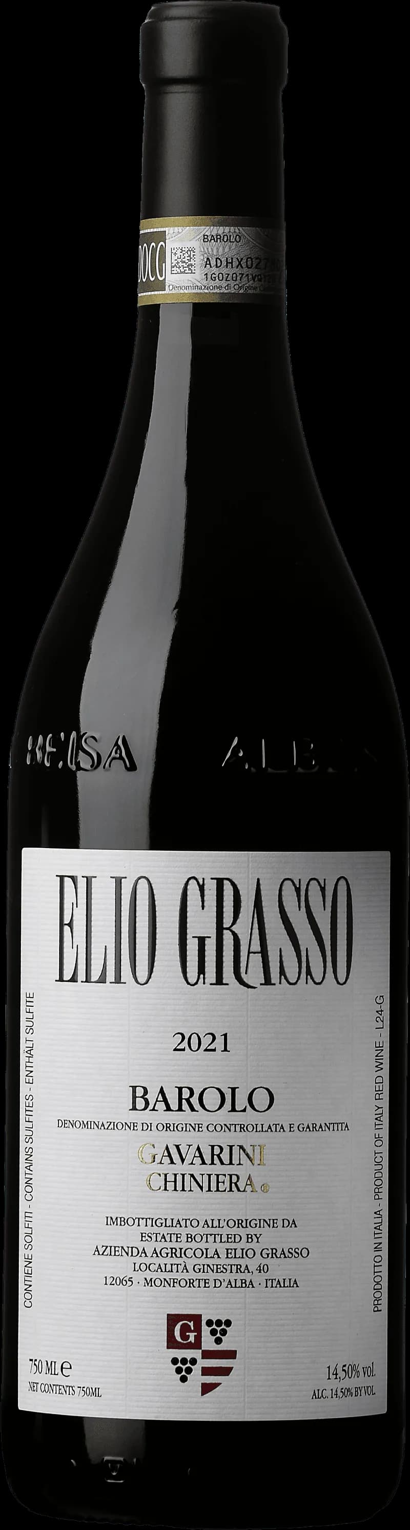 Flaska Barolo Gavarini Chiniera rött vin mot mörk bakgrund