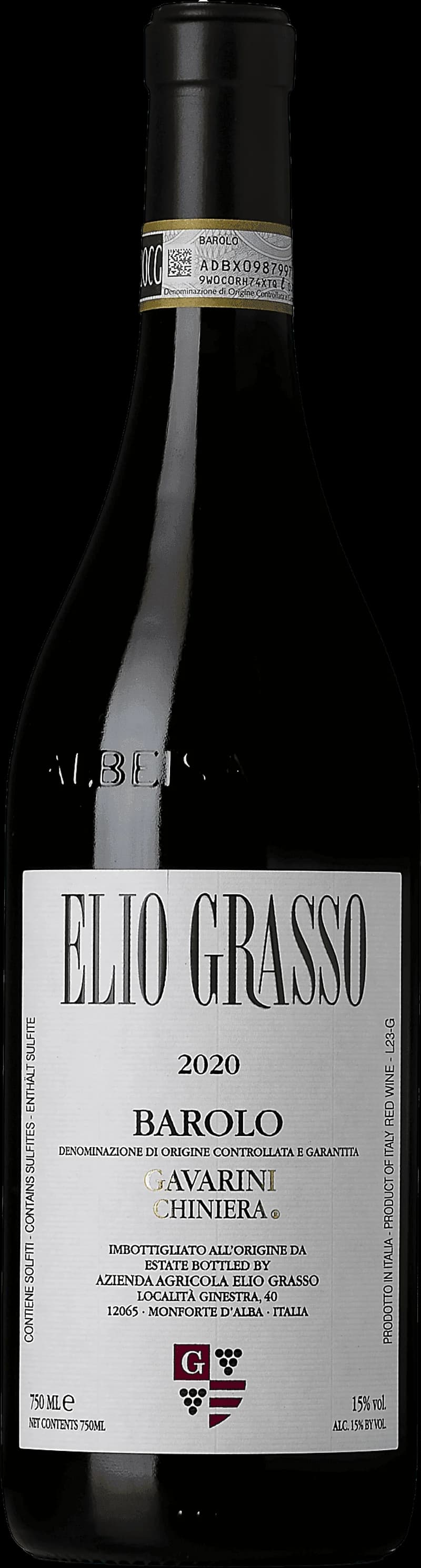 Flaska Barolo Gavarini Chiniera rött vin mot mörk bakgrund
