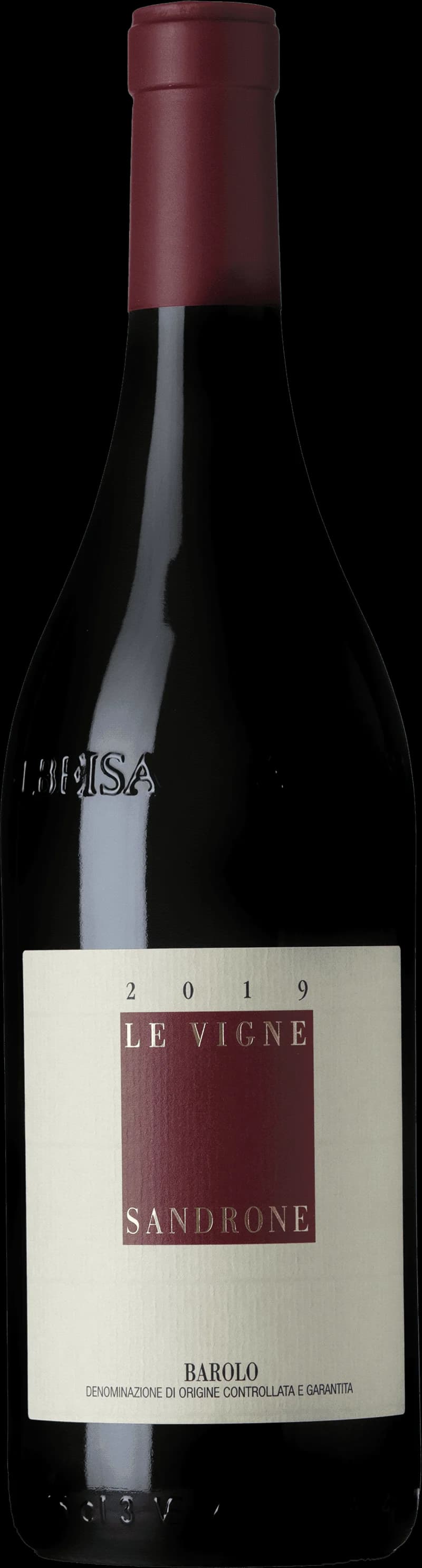 Flaska av rött vin Barolo Le Vigne på vit bakgrund.