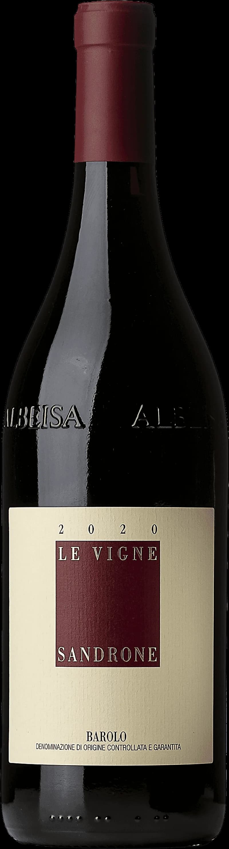 Flaska av rött vin Barolo Le Vigne från Piemonte, Italien.