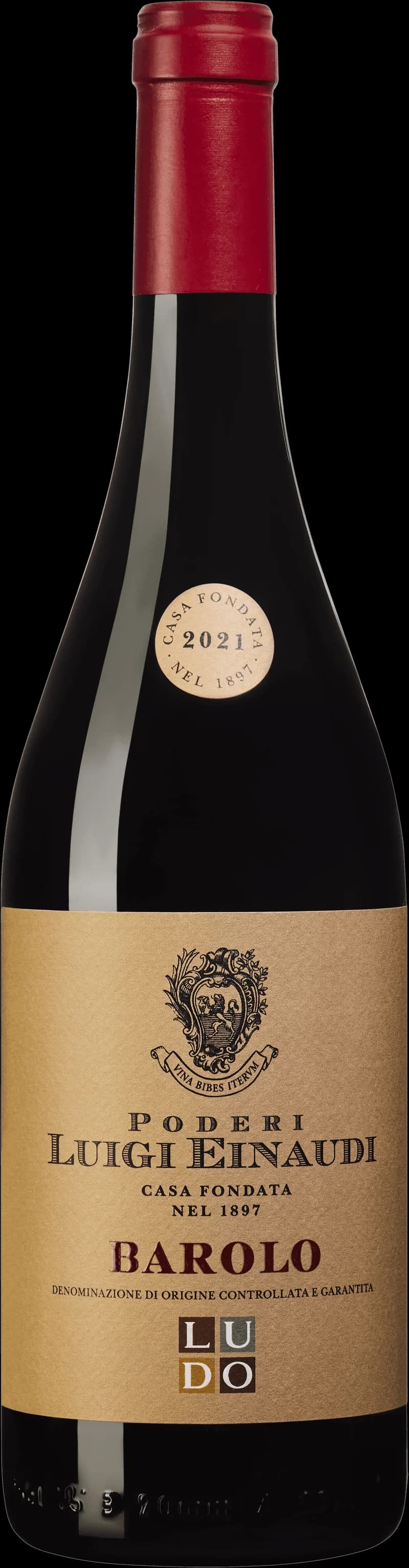 Flaska Barolo Ludo rött vin mot mörk bakgrund
