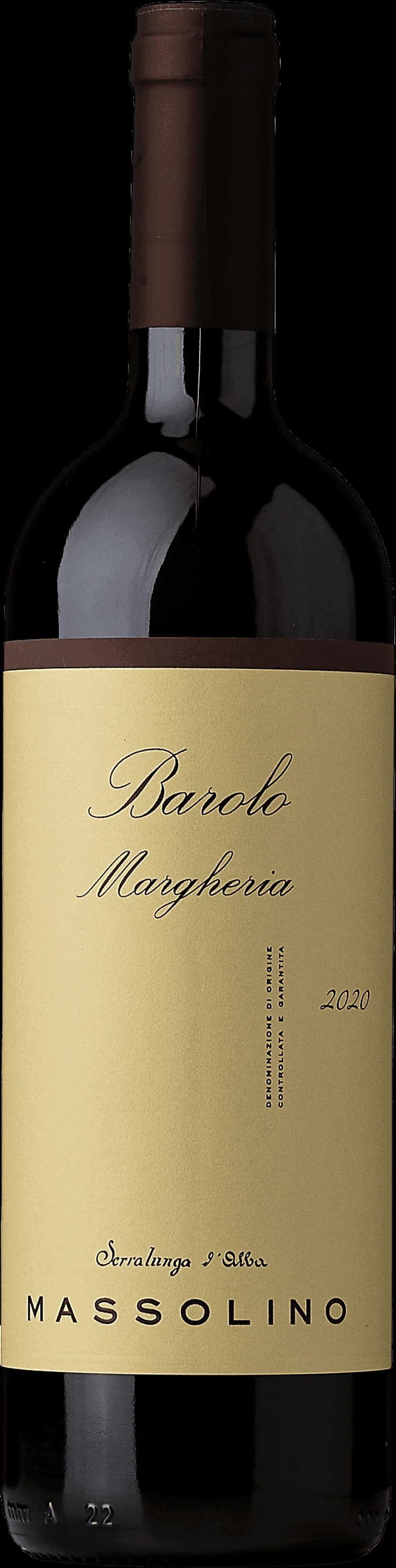 Flaska med rött vin från Barolo Margheria på en bordsservering.