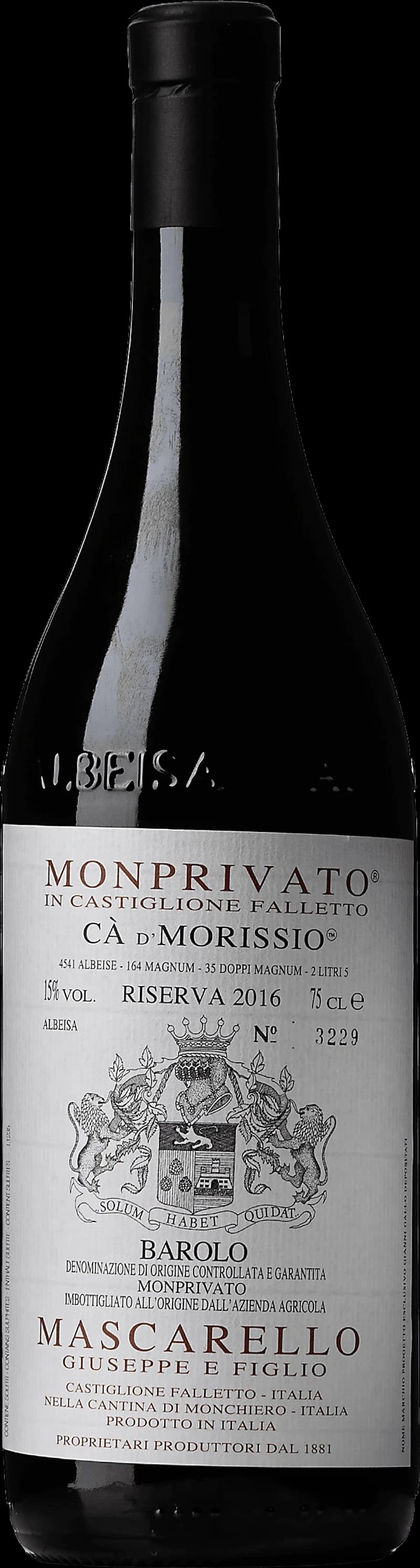 Flaska Barolo Monprivato Riserva C.d.Morissio rött vin mot neutral bakgrund