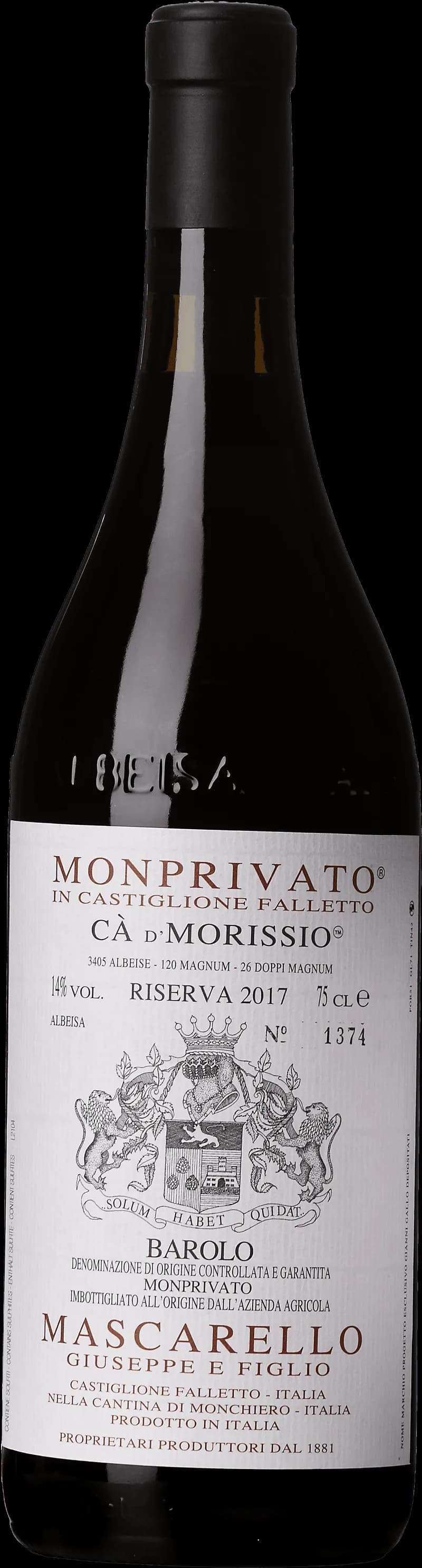 Flaska Barolo Monprivato Riserva rött vin mot neutral bakgrund