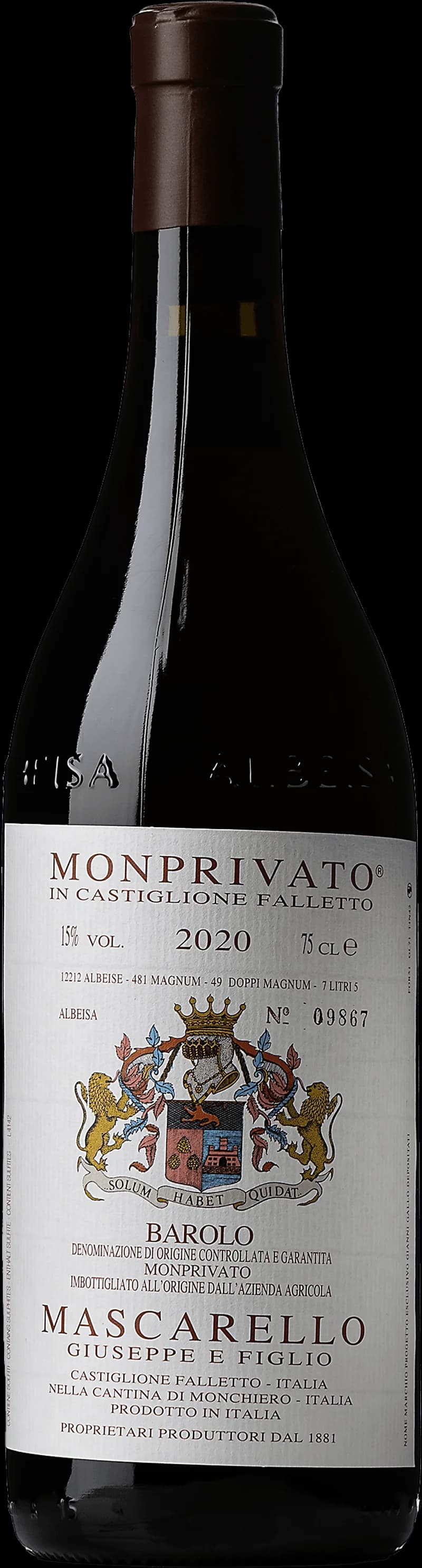 Flaska av Barolo Monprivato rött vin från Piemonte