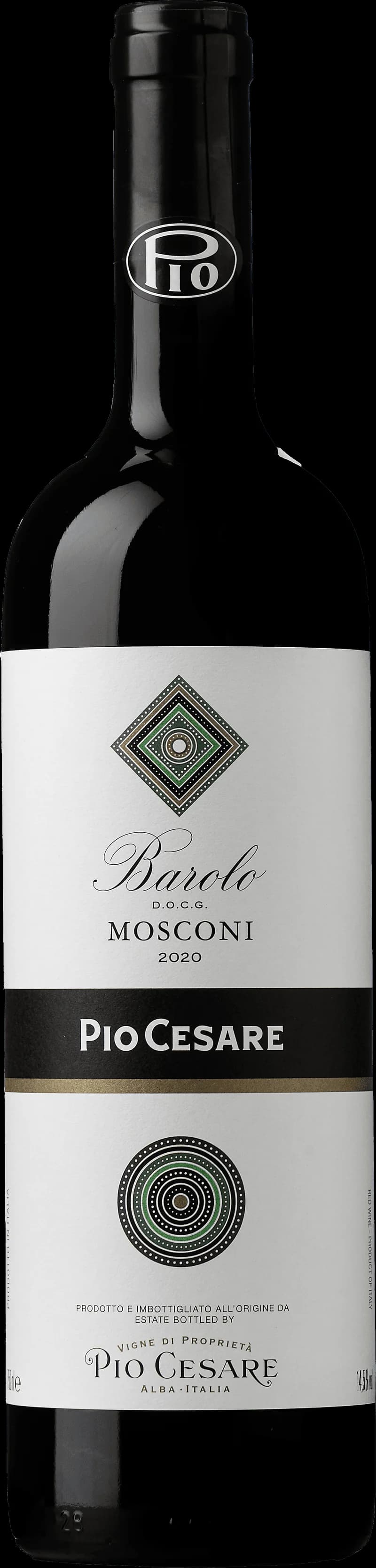 Flaska rött vin från Barolo Mosconi på en bordsservering.