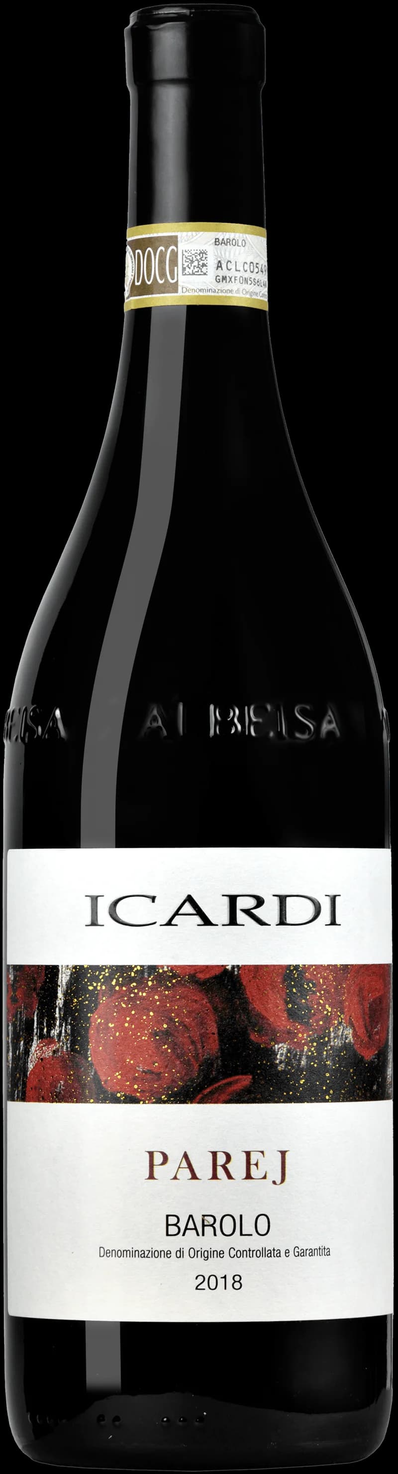 Flaska av rött vin Barolo Parej mot mörk bakgrund.