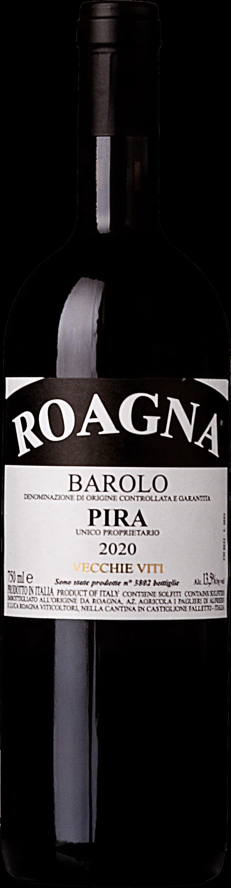Flaska Barolo Pira Vecchie Viti rött vin mot mörk bakgrund