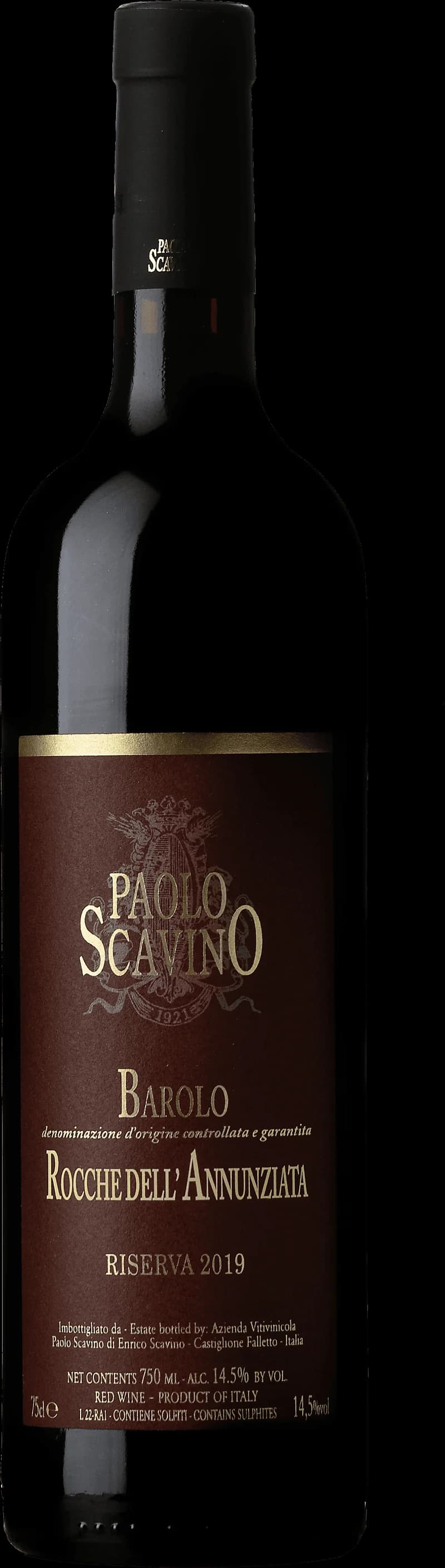 Flaska Barolo Riserva Rocche dell'Annunziata rött vin mot neutral bakgrund.