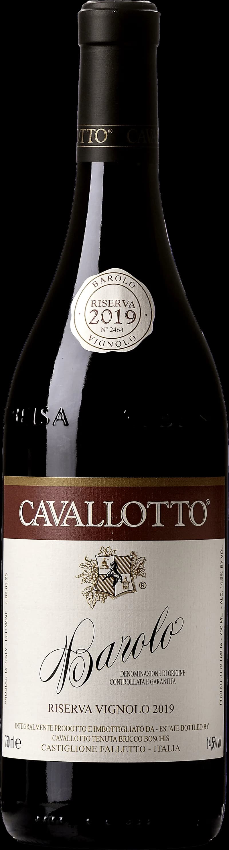 Flaska Barolo Riserva Vignolo rött vin mot neutral bakgrund.