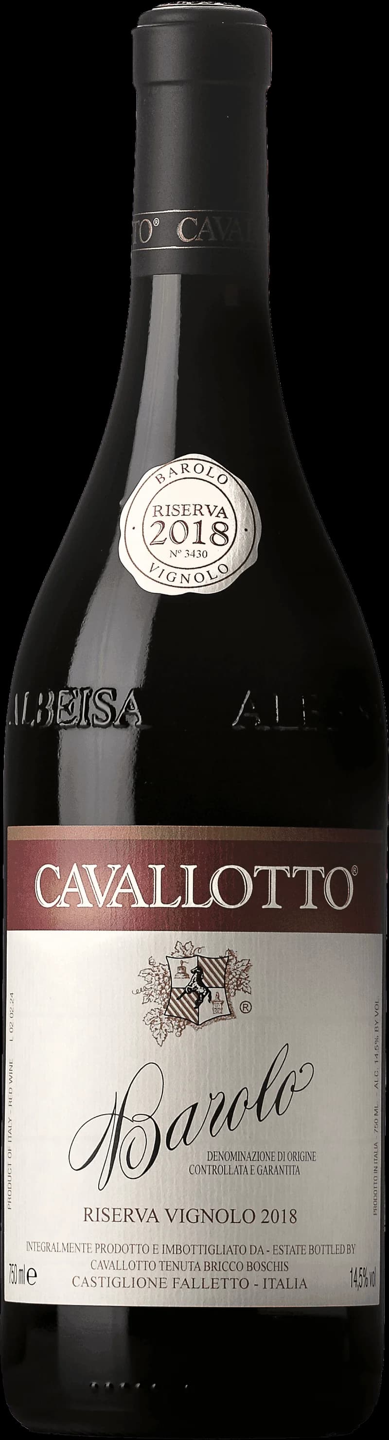 Flaska Barolo Riserva Vignolo rött vin mot neutral bakgrund