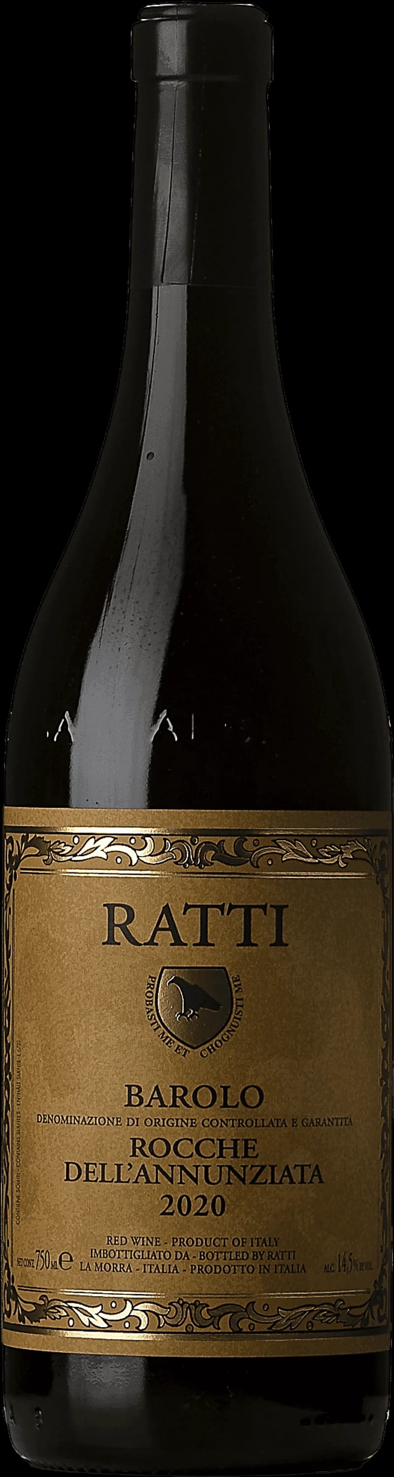Flaska Barolo Rocche dell'Annunziata rött vin mot mörk bakgrund