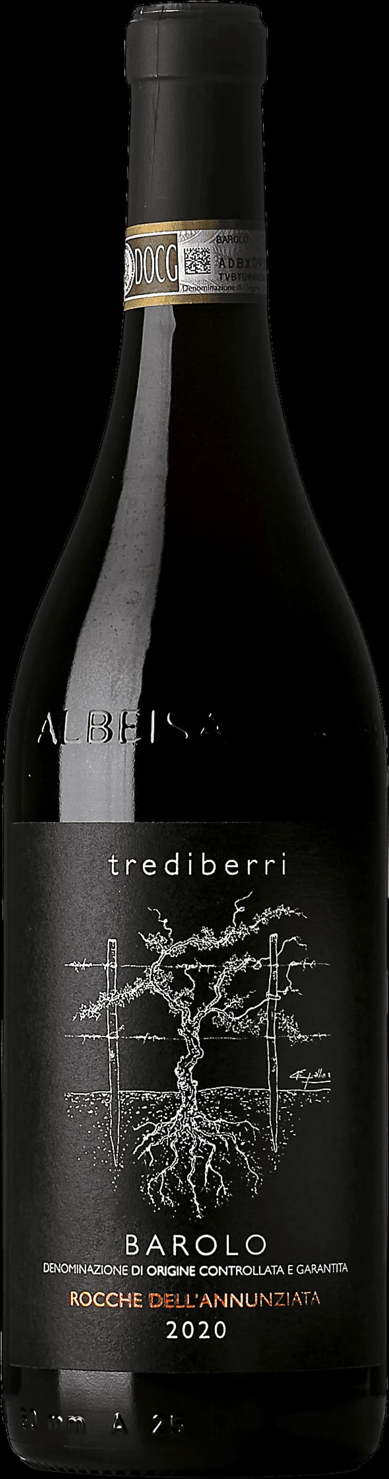 Flaska Barolo Rocche dell'Annunziata rött vin mot neutral bakgrund.