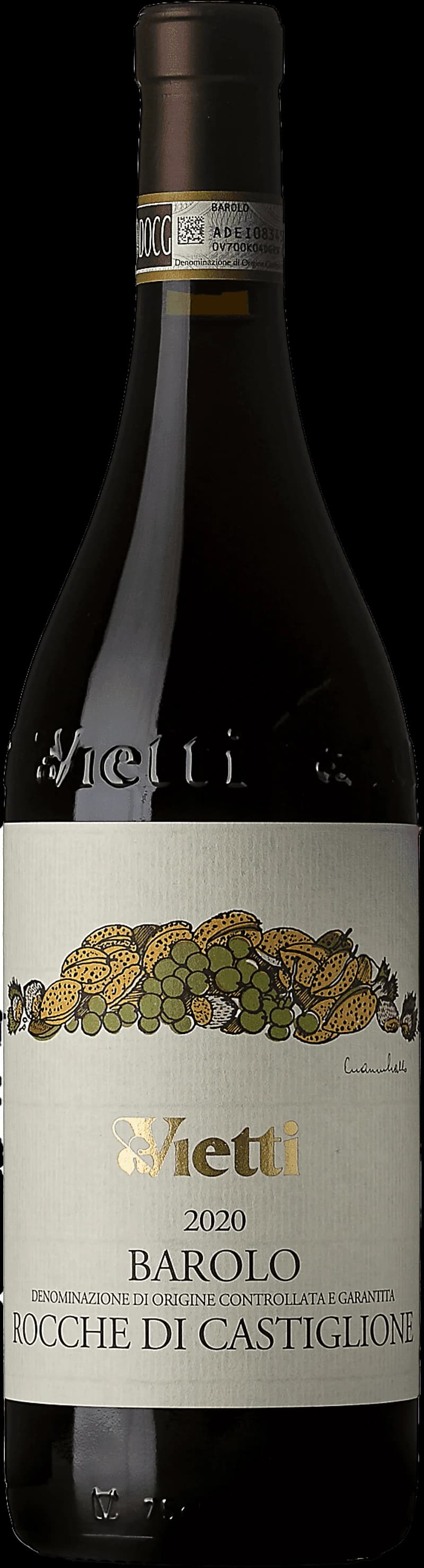 Flaska Barolo Rocche di Castiglione rött vin mot mörk bakgrund
