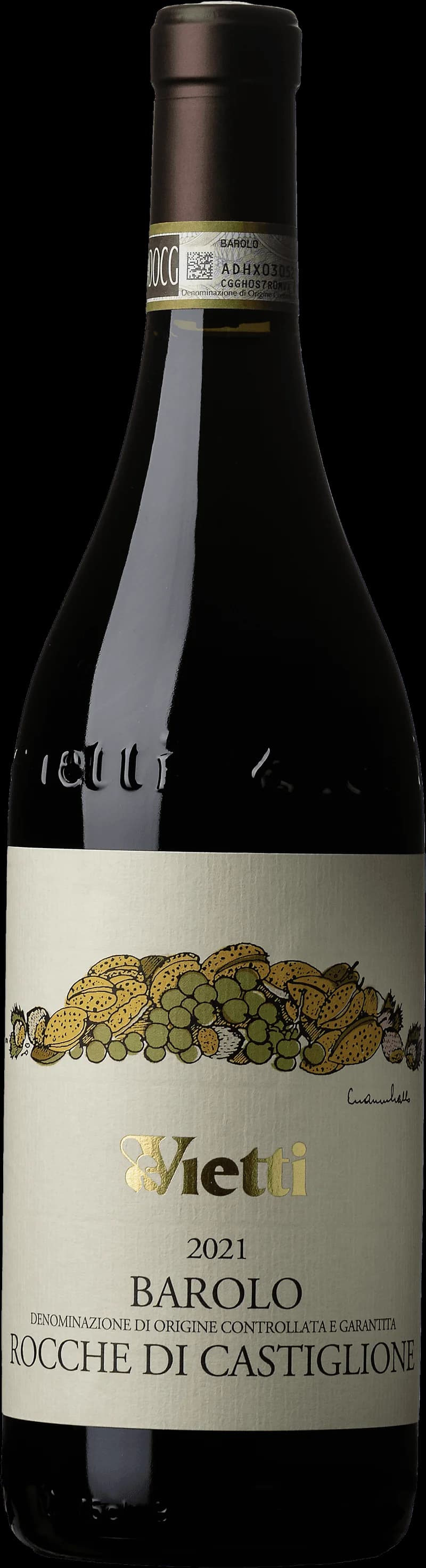 Flaska Barolo Rocche di Castiglione rött vin mot neutral bakgrund