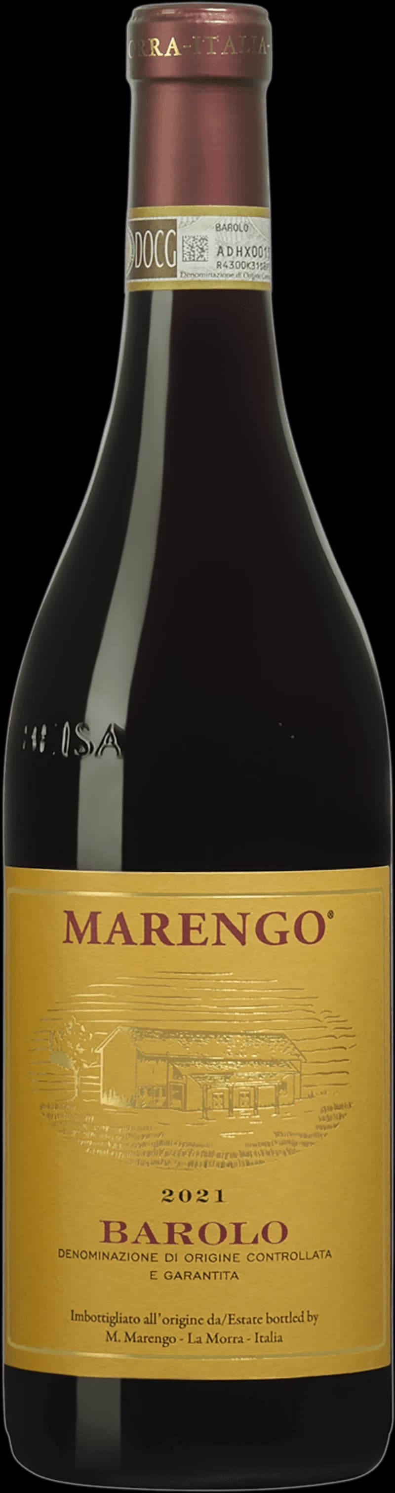 Ett glas fyllt med rött Barolo-vin mot en mörk bakgrund.