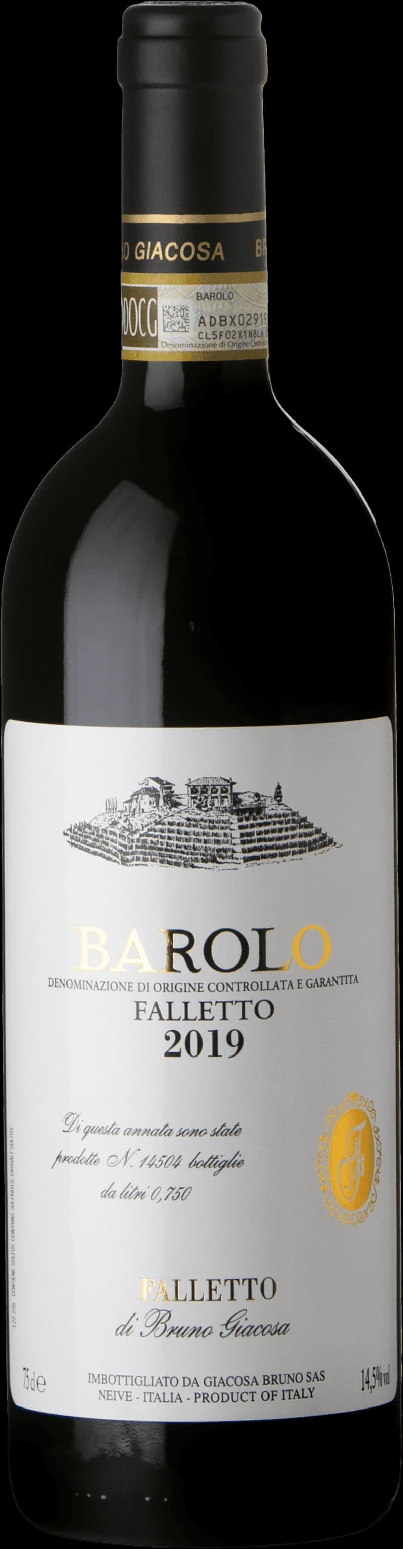 Ett glas fyllt med rött Barolo-vin mot en mörk bakgrund.