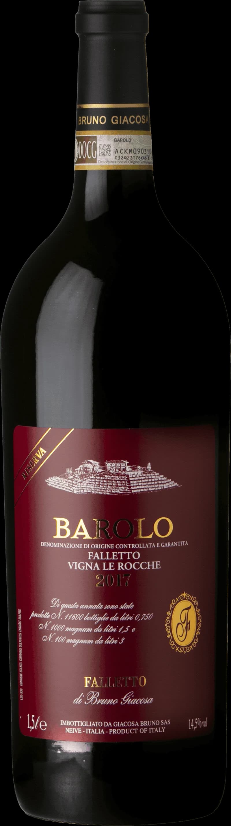 Närbild på ett glas Barolo rött vin mot en mörk bakgrund.
