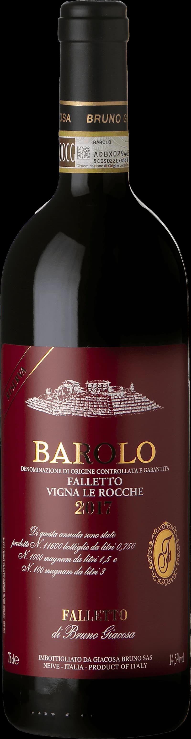 Ett glas fyllt med rött Barolo-vin mot en mörk bakgrund.