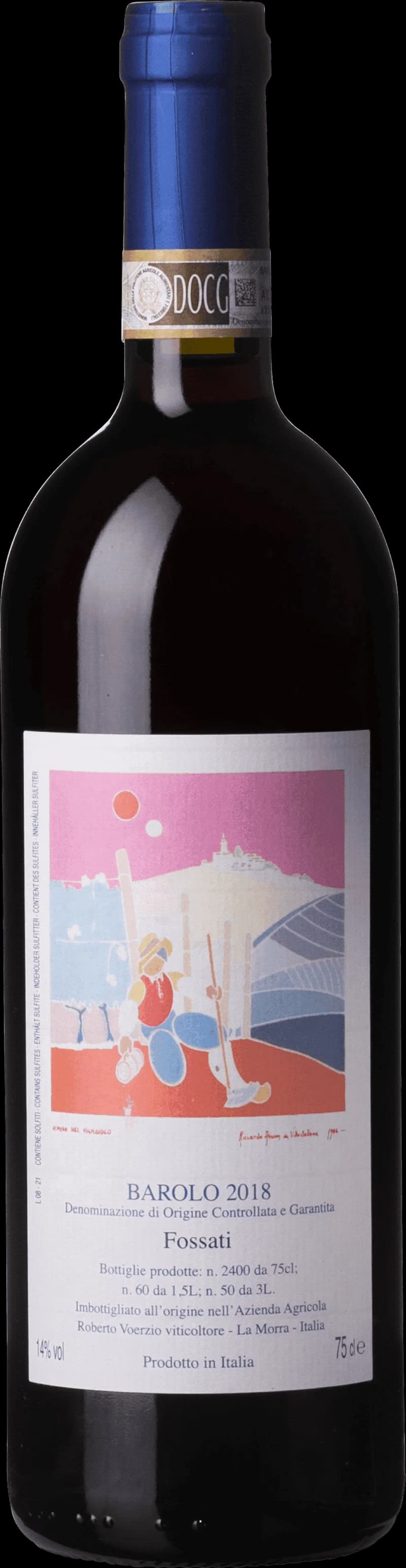 En flaska Barolo rött vin på ett bord med glas i bakgrunden.