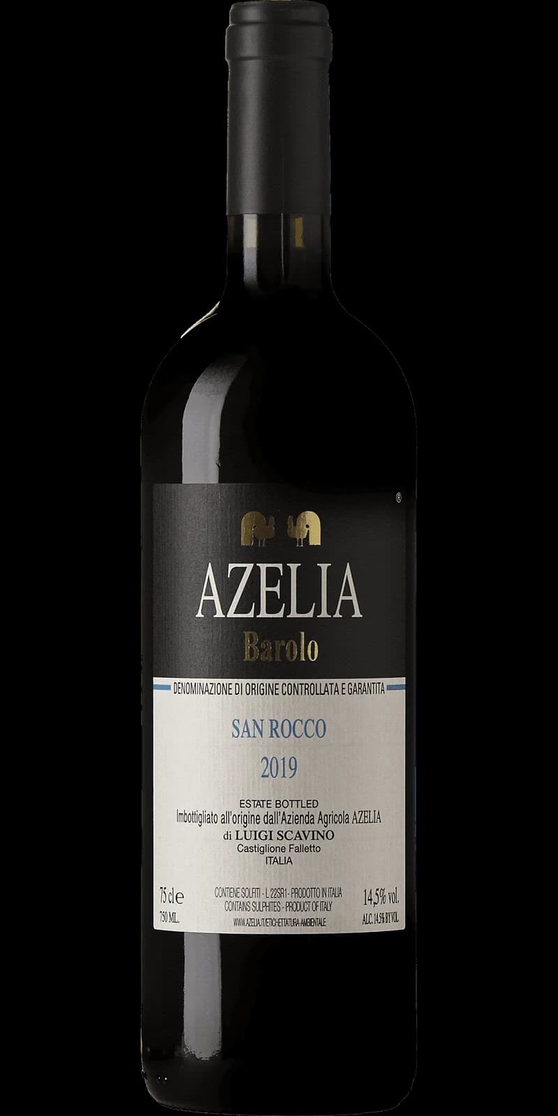 Flaska av rött vin Barolo San Rocco på vit bakgrund