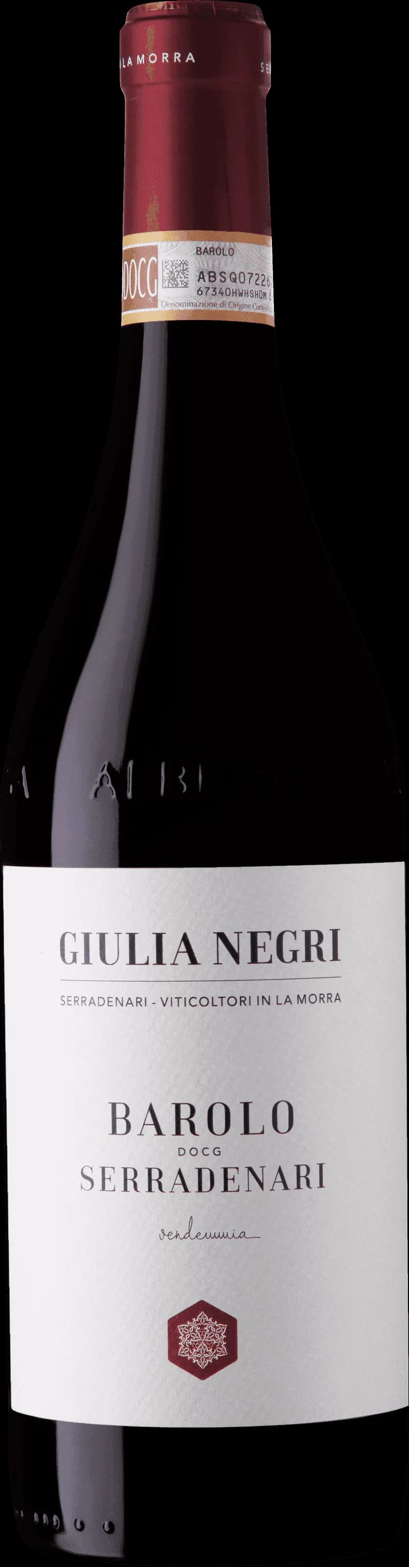 Flaska Barolo Serradenari rött vin mot neutral bakgrund