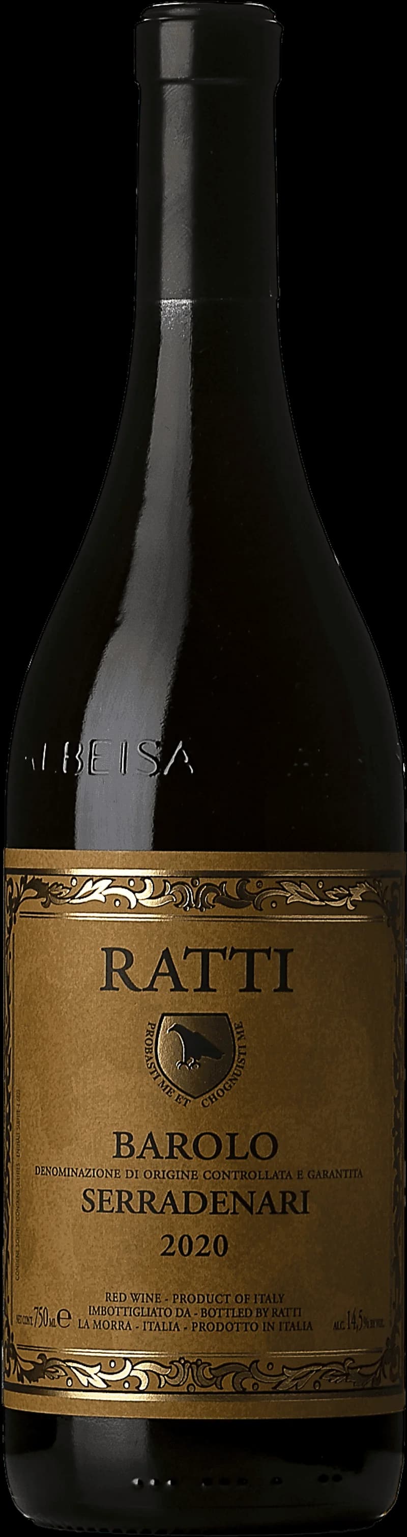 Flaska Barolo Serradenari rött vin mot mörk bakgrund