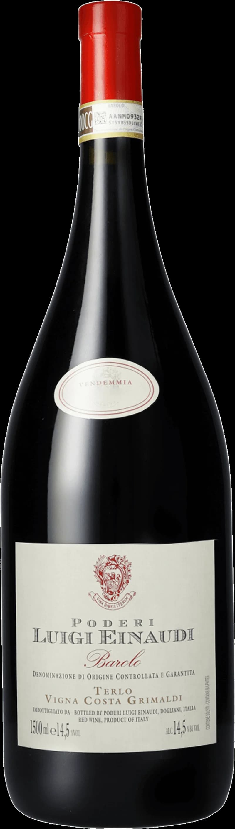Flaska av rött vin Barolo Terlo på en bordsservering.