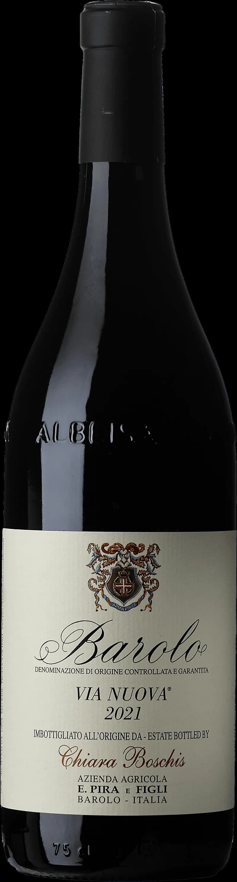 Flaska Barolo Via Nuova rött vin mot mörk bakgrund