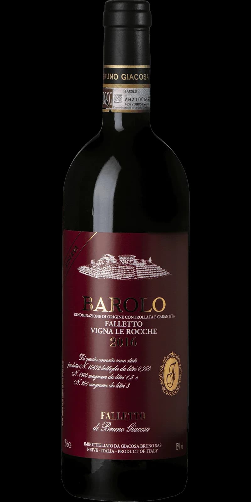 Flaska Barolo Vigna Le Rocche rött vin mot neutral bakgrund
