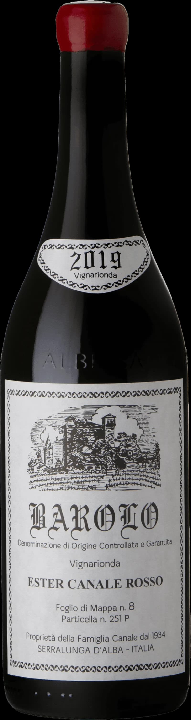Flaska Barolo Vigna Rionda rött vin mot mörk bakgrund